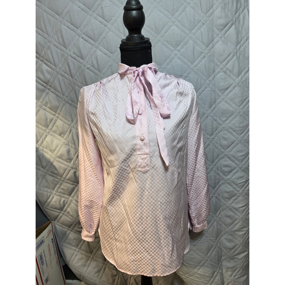 Vintage Pink/Purple Satin Jacquard Tie Neck Blouse Checkerboard Long Sleeve 4